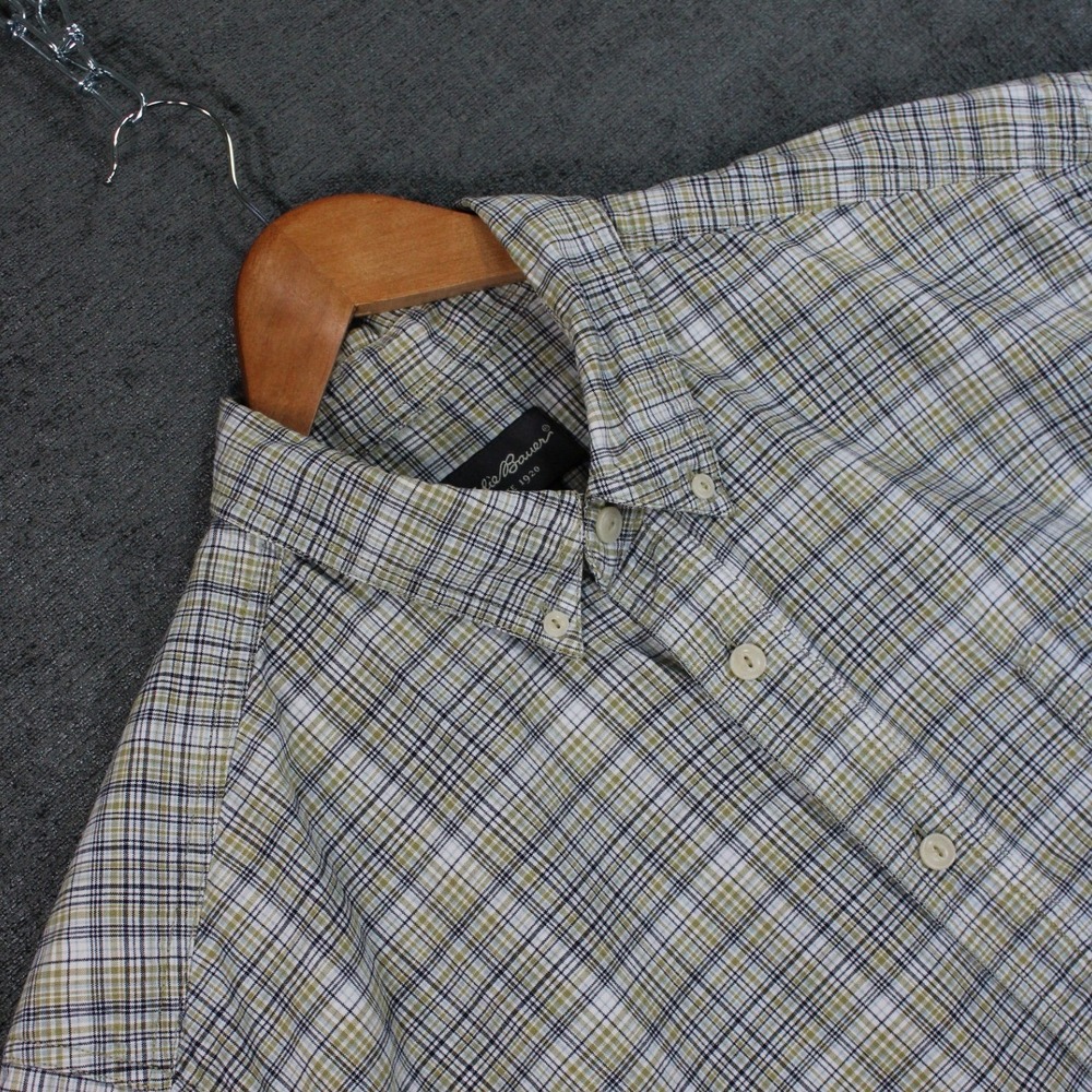 Eddie Bauer Mens XL Green Plaid Short Sleeve Cotton Button Down Shirt